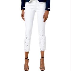 NWOT Tory Burch Kiera Straight Leg Eyelet Embroidered Cropped Jeans in white 28